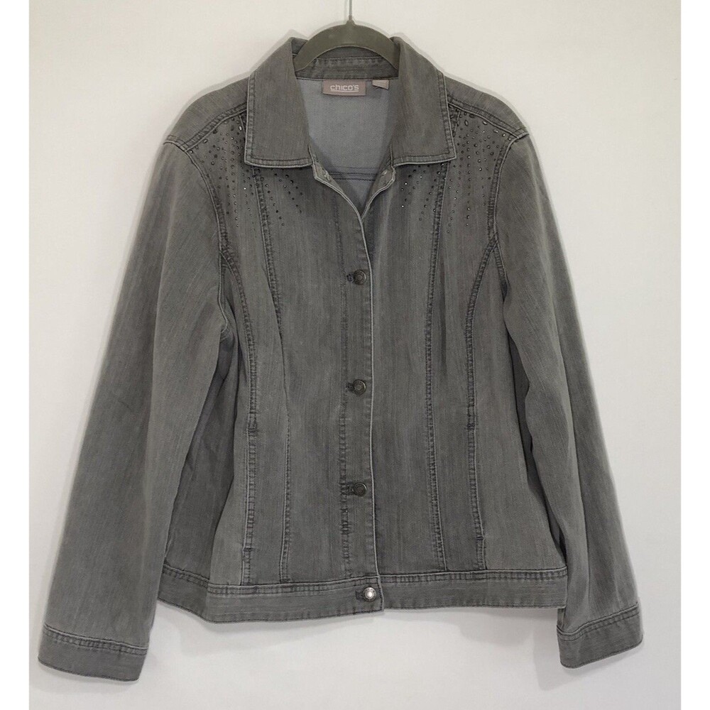 Chicos Haze Gray Denim Button Jacket Rhinestones Sz 2 US Size 12/14 Pockets